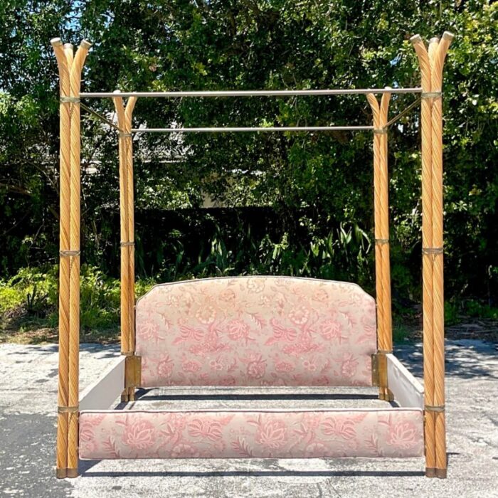 vintage coastal twisted pencil reed and brass king canopy bed 7707