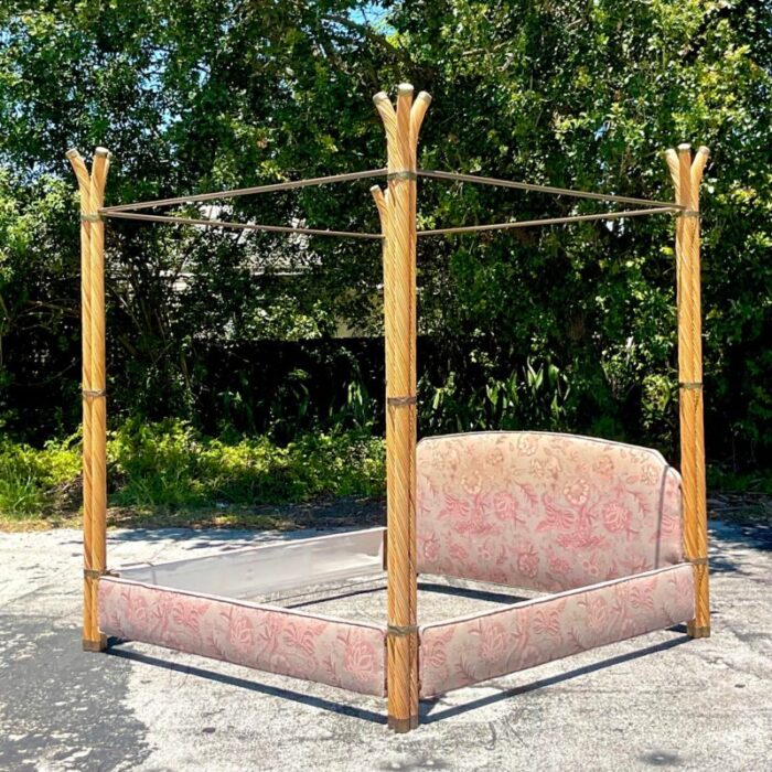 vintage coastal twisted pencil reed and brass king canopy bed 9163