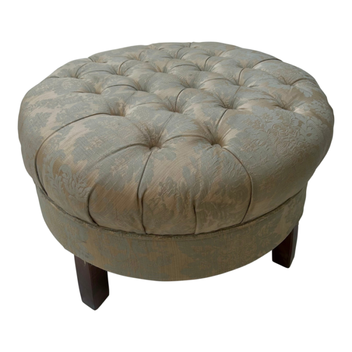 vintage french silver and gold damask tufted round ottoman footstool 0796