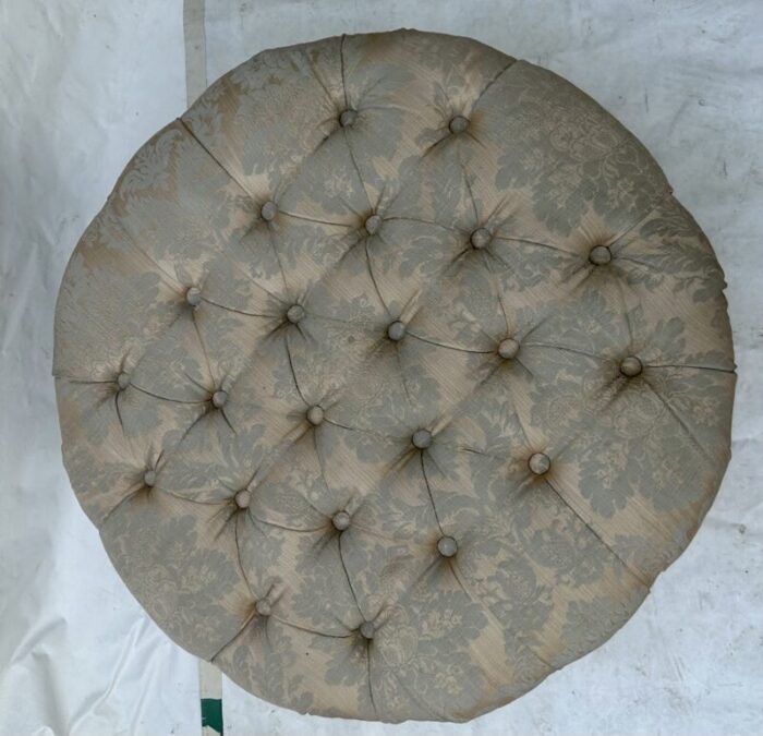 vintage french silver and gold damask tufted round ottoman footstool 9390