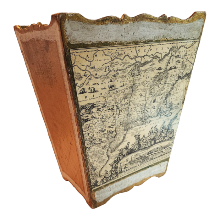 vintage italian forentine gilt wastebasket with map 8726