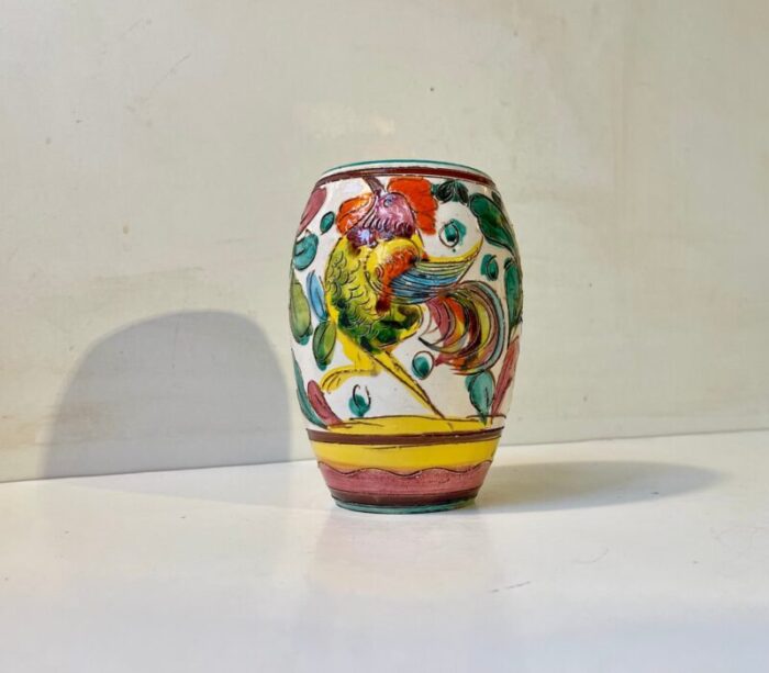 vintage italian hand glazed majolica vase with rooster 1960s 1