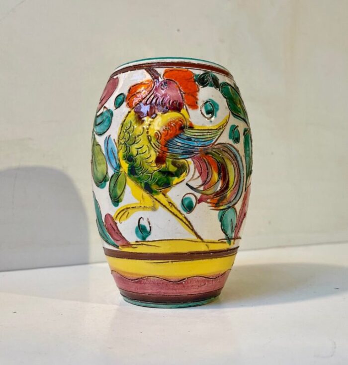 vintage italian hand glazed majolica vase with rooster 1960s 2