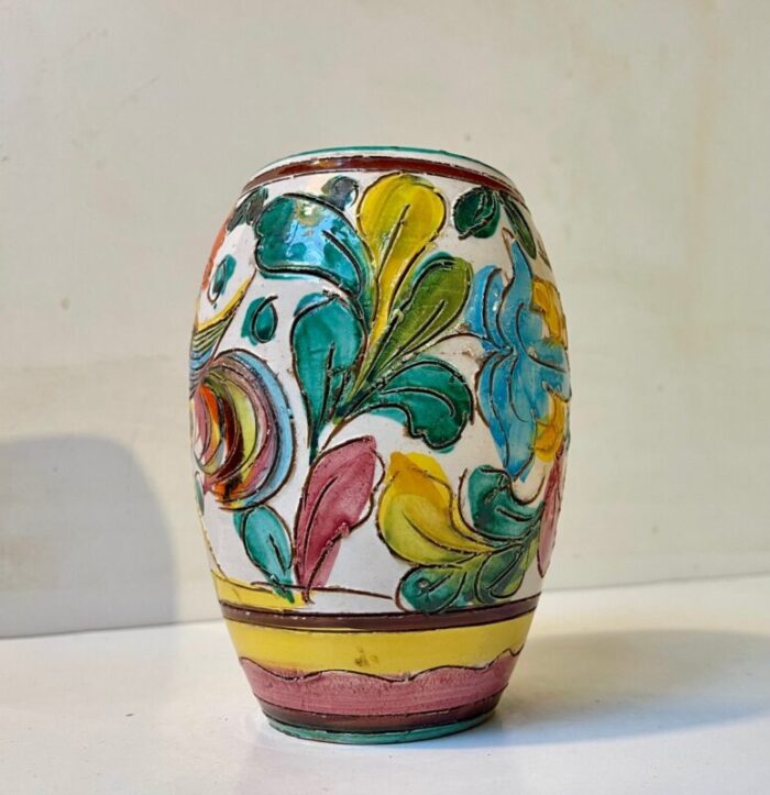 vintage italian hand glazed majolica vase with rooster 1960s 5