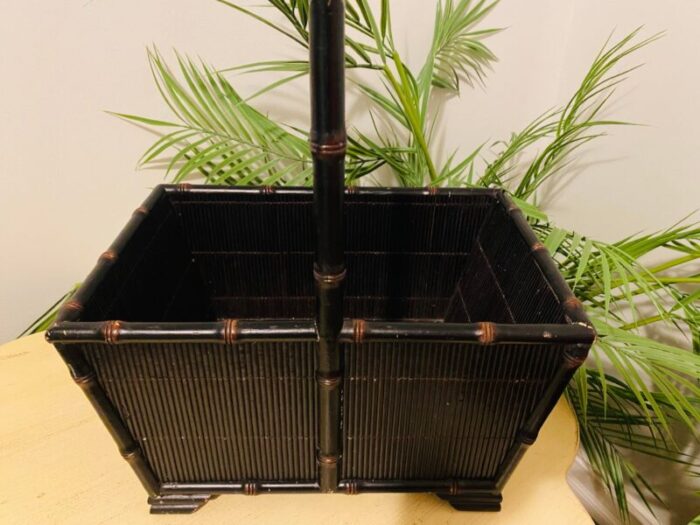 vintage japanese bamboo black lacquered basket 4021