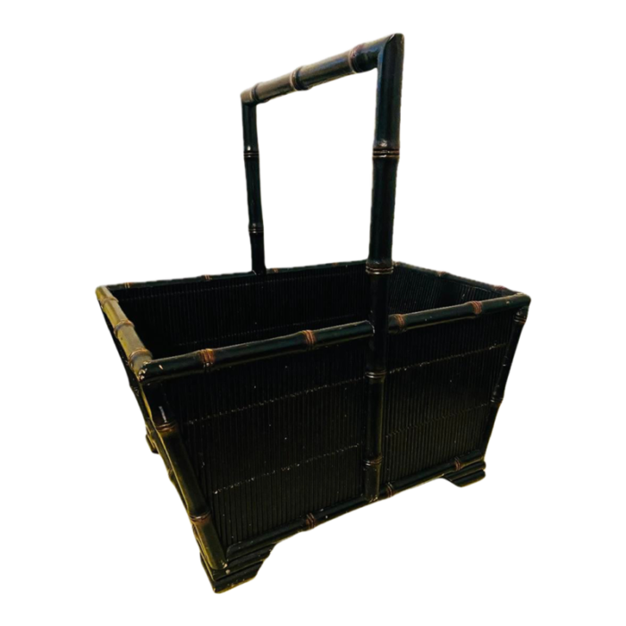 vintage japanese bamboo black lacquered basket 5023