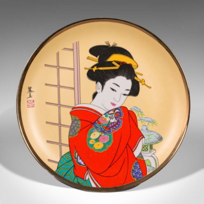 vintage japanese ceramic geisha figure ukiyo e display plate 1980s 2