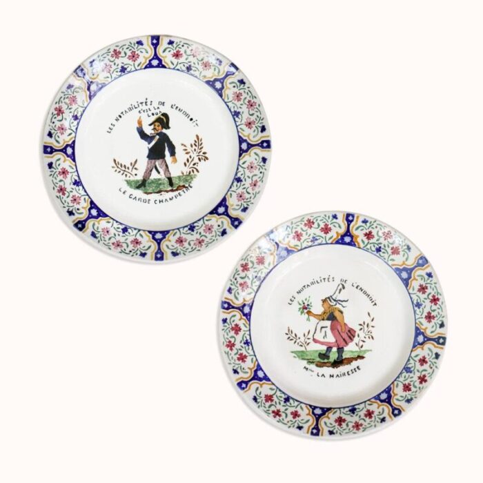 vintage majolica plates in the series les notabilites from gien set of 2 1