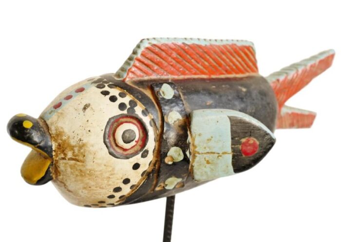 vintage mid 20th century mali wood bozo fish puppet on stand 4