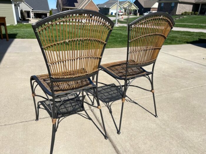 vintage mid century modern painted grey wrought iron and bamboo seat and back side chairs a pair 4500