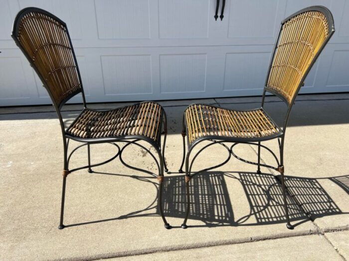 vintage mid century modern painted grey wrought iron and bamboo seat and back side chairs a pair 6007