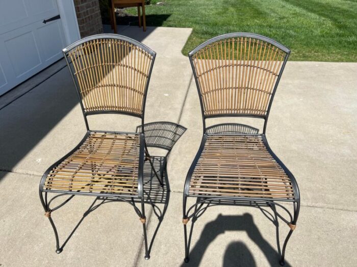 vintage mid century modern painted grey wrought iron and bamboo seat and back side chairs a pair 6427