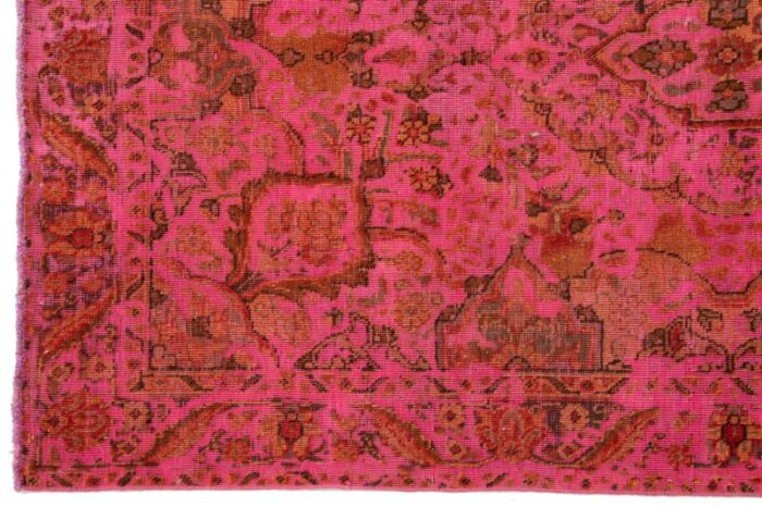 vintage overdyed persian wool rug in pink with floral motif 1053