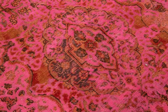 vintage overdyed persian wool rug in pink with floral motif 2828