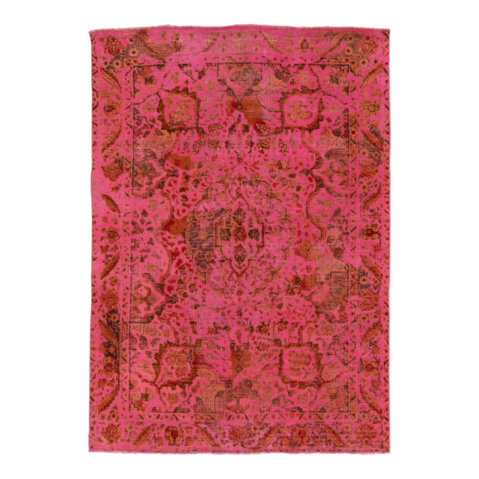 vintage overdyed persian wool rug in pink with floral motif 3175