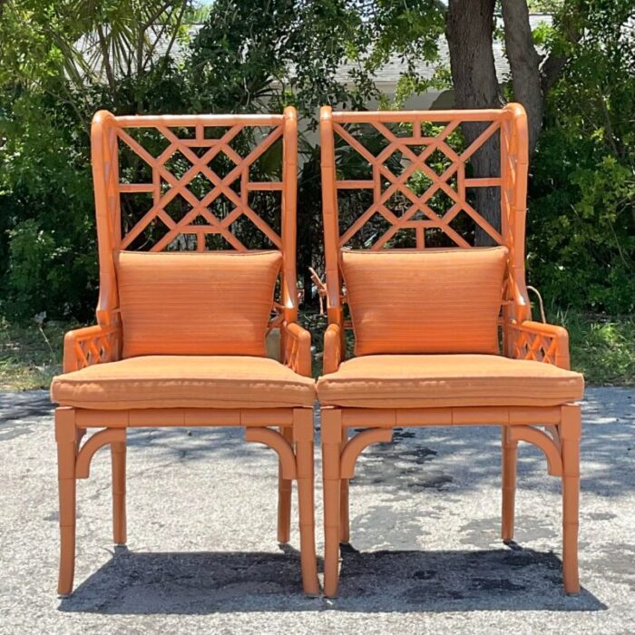 vintage regency fretwork wingback rattan chairs a pair 0171