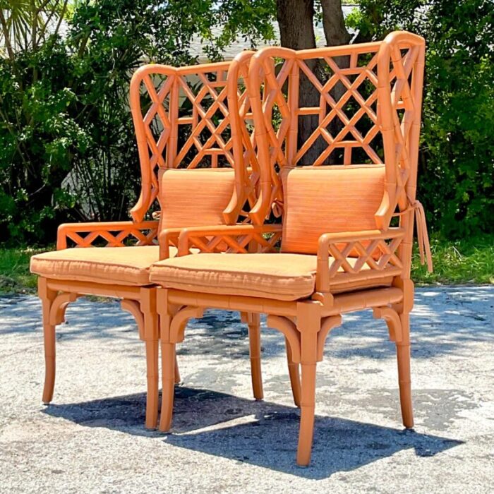 vintage regency fretwork wingback rattan chairs a pair 1420