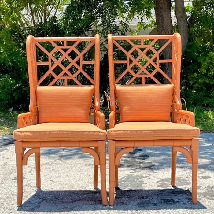 vintage regency fretwork wingback rattan chairs a pair 5276