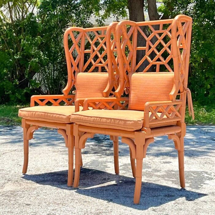 vintage regency fretwork wingback rattan chairs a pair 6161