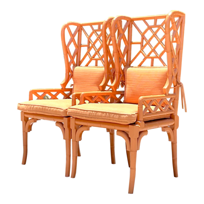 vintage regency fretwork wingback rattan chairs a pair 6190