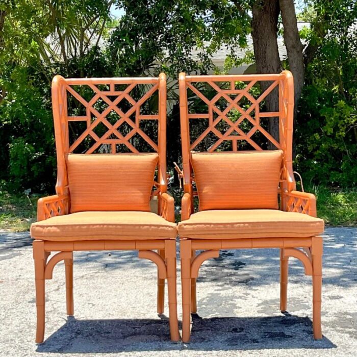 vintage regency fretwork wingback rattan chairs a pair 7712