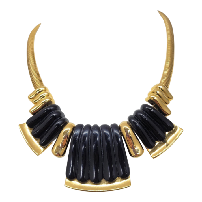 vintage signed napier goldtone and black resin bib necklace 1985 ad piece 1750