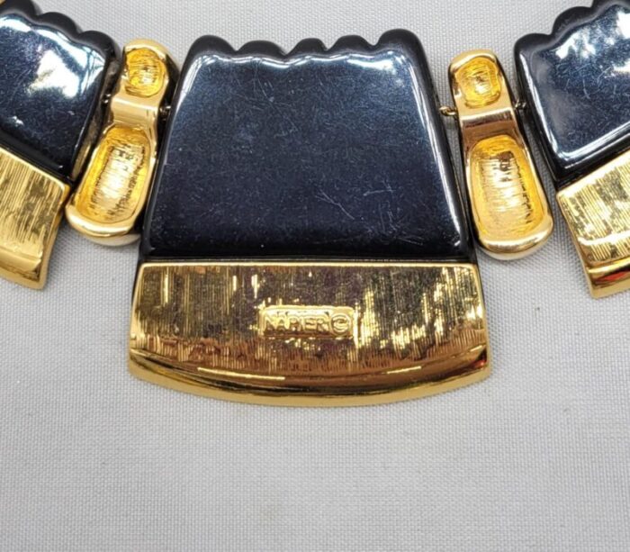 vintage signed napier goldtone and black resin bib necklace 1985 ad piece 3368