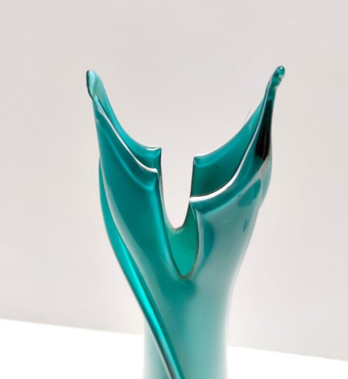 vintage teal encased and hand blown murano glass flower vase italy 1960s 9