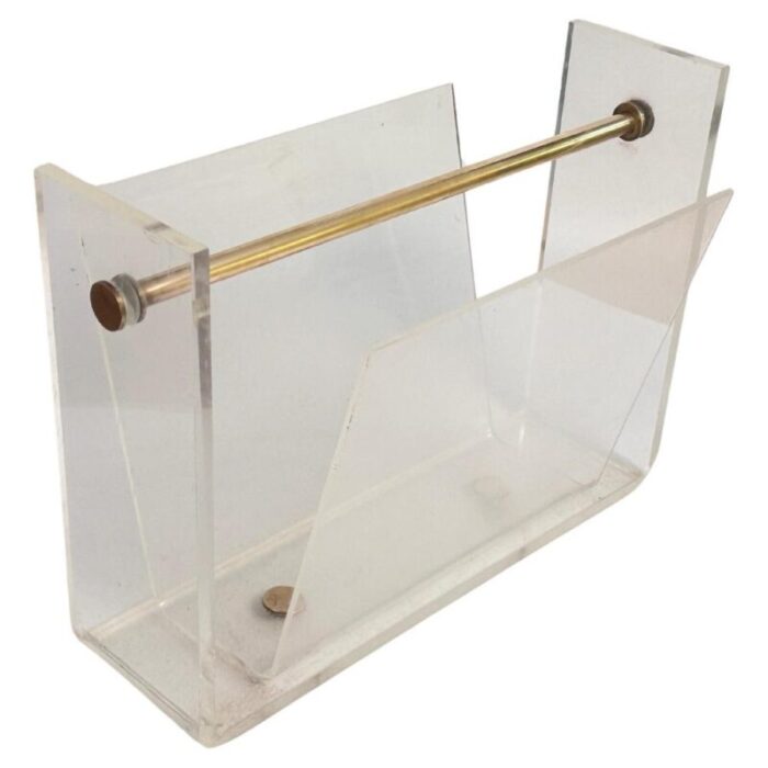 vintage thick acrylic and chrome steel magazine rack 1970s 4398