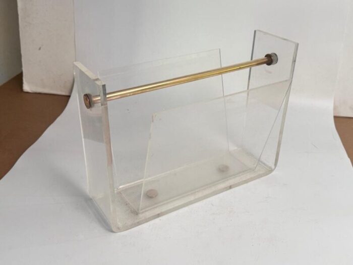 vintage thick acrylic and chrome steel magazine rack 1970s 7953