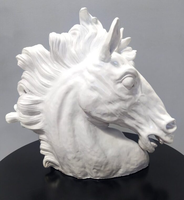 vintage white lacquered earthenware horse head sculpture 1980s 1