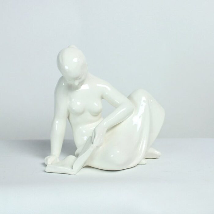 vintage white porcelain statue of reading lady from jihokera 1960s 1