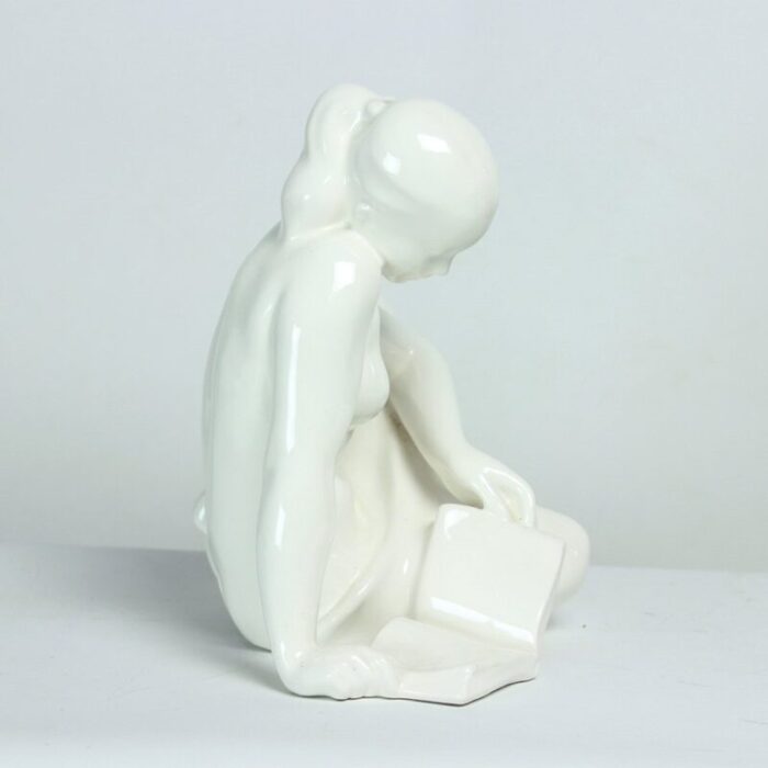 vintage white porcelain statue of reading lady from jihokera 1960s 6