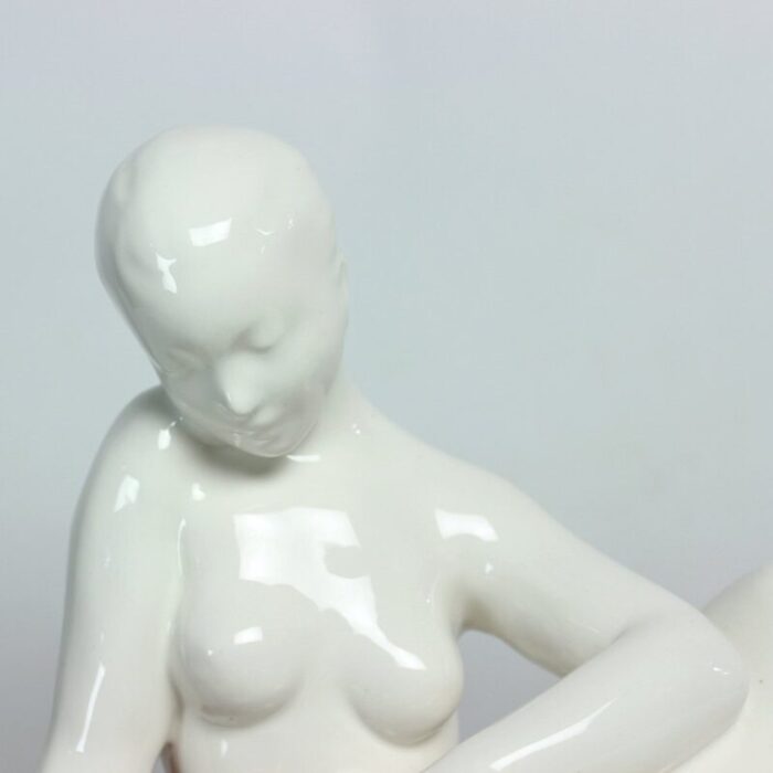 vintage white porcelain statue of reading lady from jihokera 1960s 9