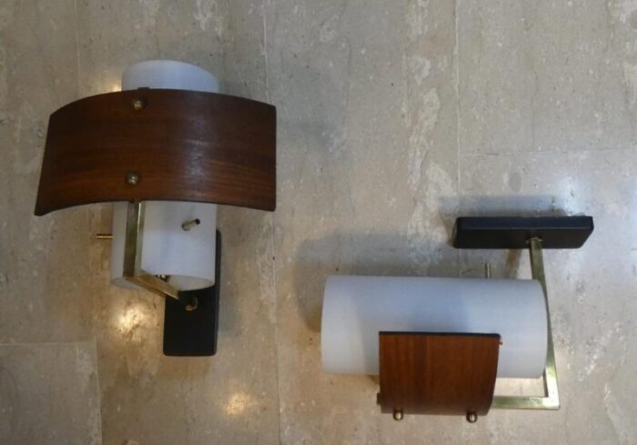 wall lights in opaline glass teak and brass by goffredo reggiani for studio reggiani italy 1960s set of 2 0603