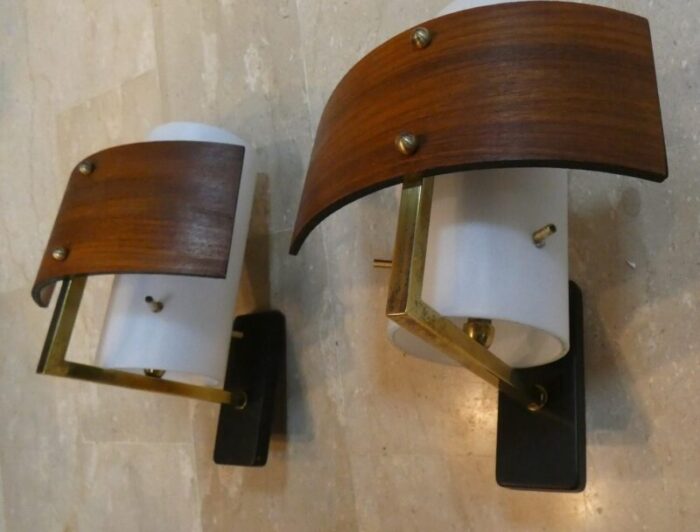 wall lights in opaline glass teak and brass by goffredo reggiani for studio reggiani italy 1960s set of 2 2043