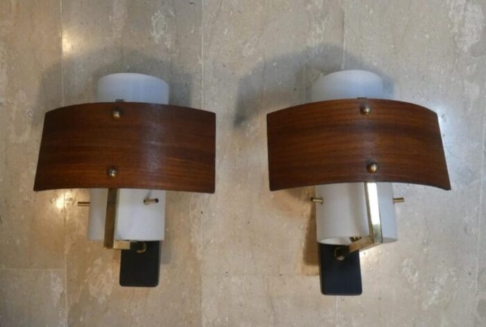 wall lights in opaline glass teak and brass by goffredo reggiani for studio reggiani italy 1960s set of 2 4481