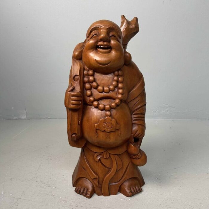 wooden temple statue of hotei or laughing buddha japan 1930s 1