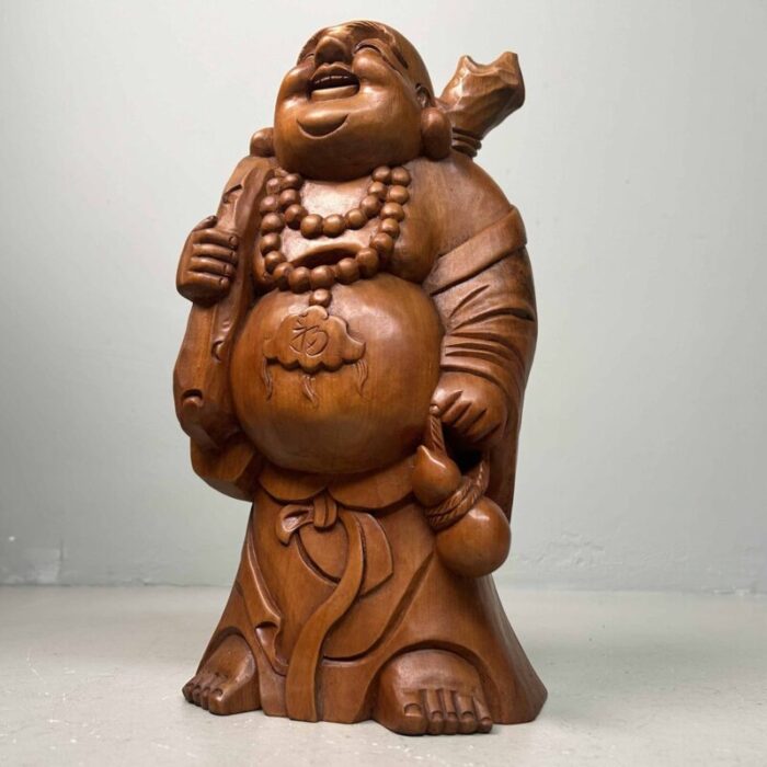 wooden temple statue of hotei or laughing buddha japan 1930s 3